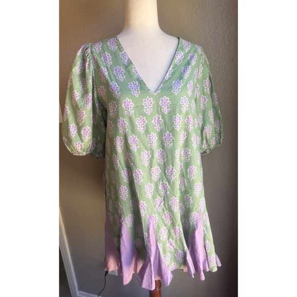 Rhode Resort Mini Dress Tent Shift Cotton Saira‎ Purple Green Floral XS Small - Picture 2 of 9